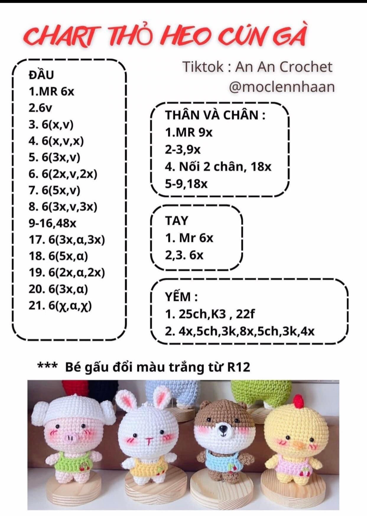 Chart móc len búp bê Thỏ Heo Cún Gà dễ thương