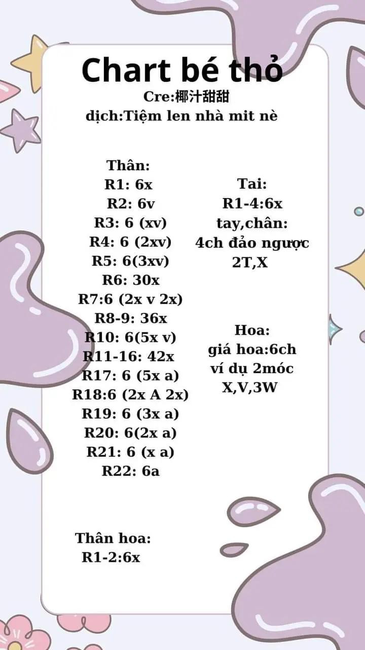 Chart móc len búp bê thỏ hồng cầm hoa, hướng dẫn chi tiết từng hàng