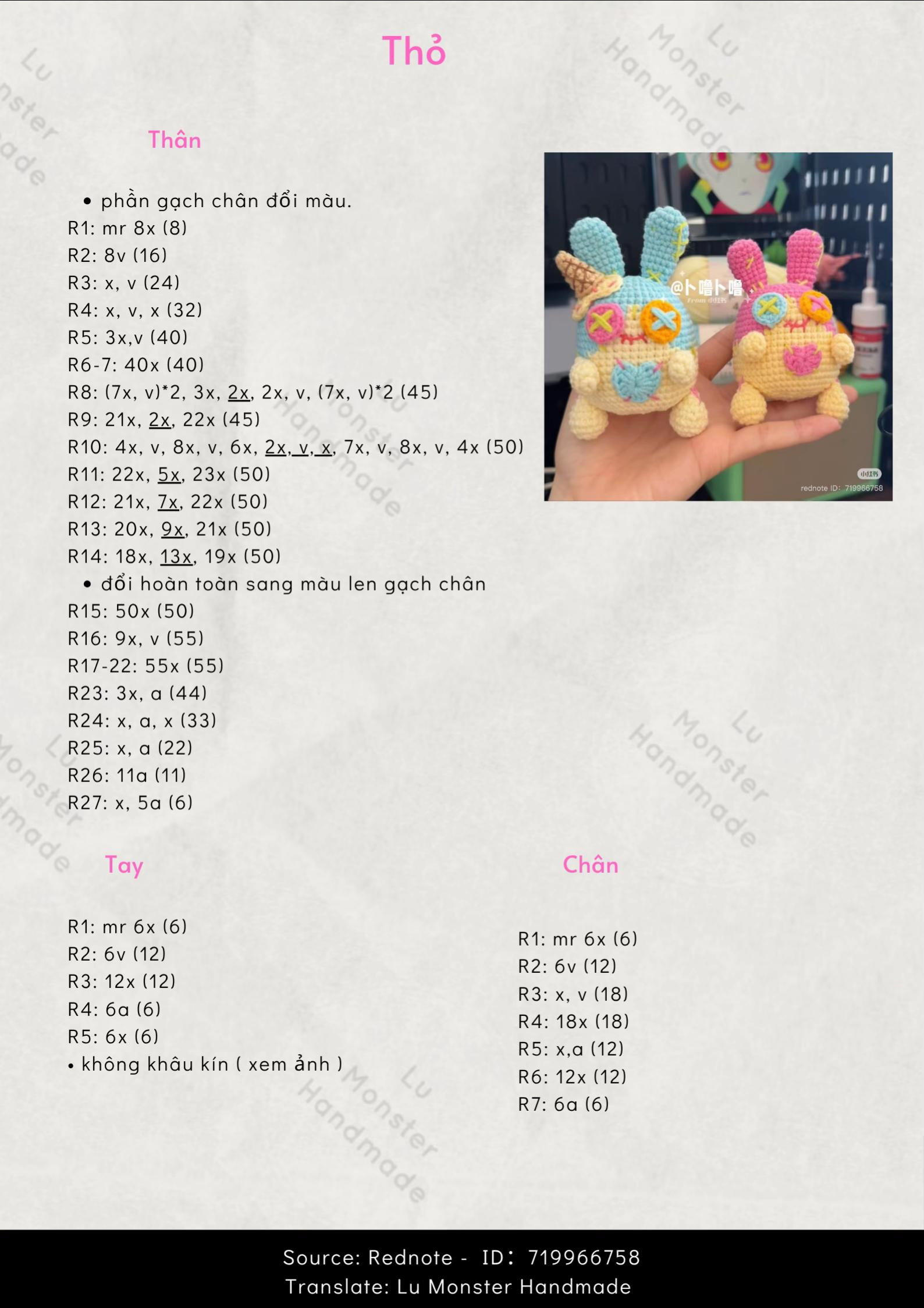 Chart móc len búp bê thỏ kẹo ngọt màu xanh và hồng