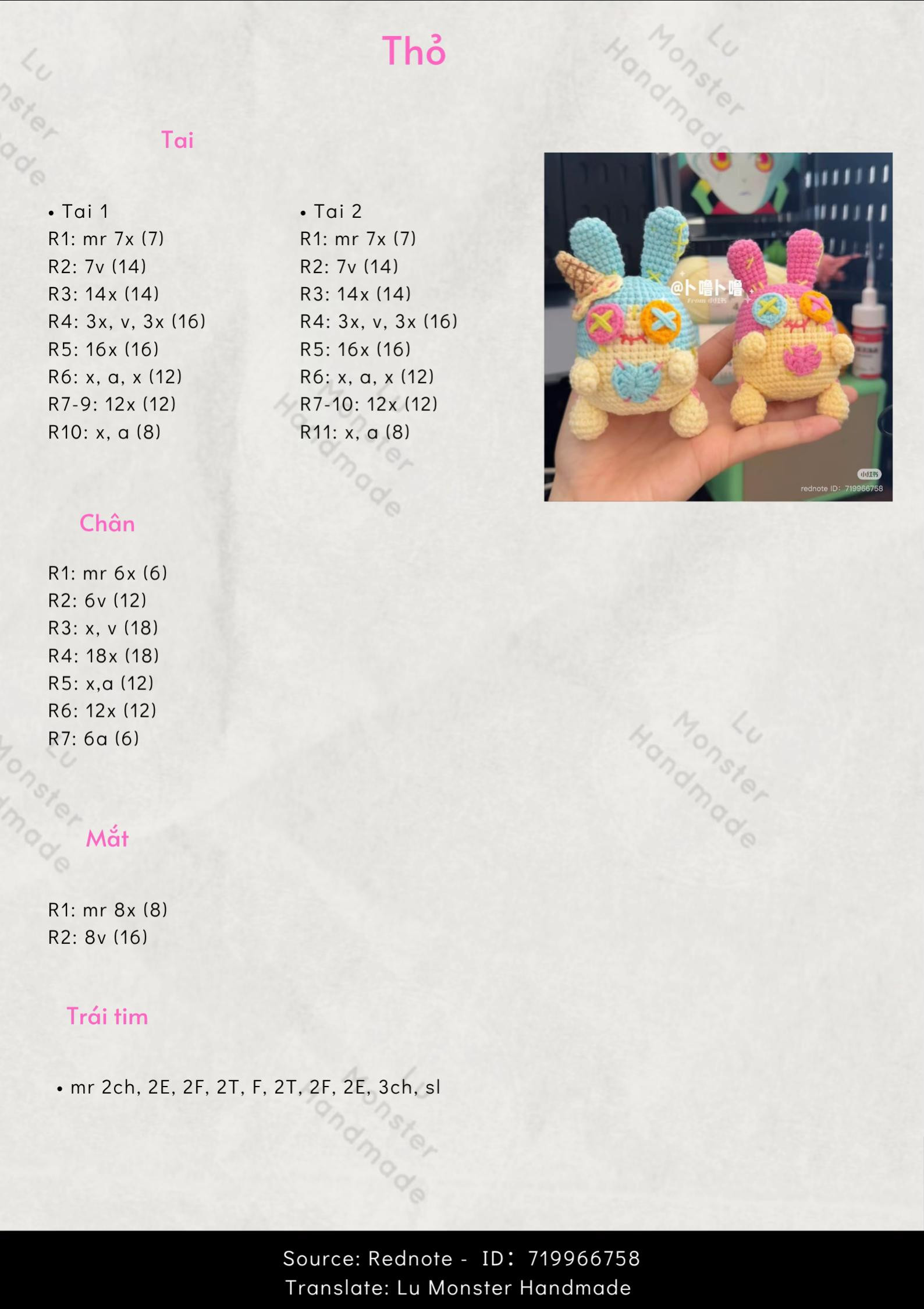 Chart móc len búp bê thỏ kẹo ngọt màu xanh và hồng