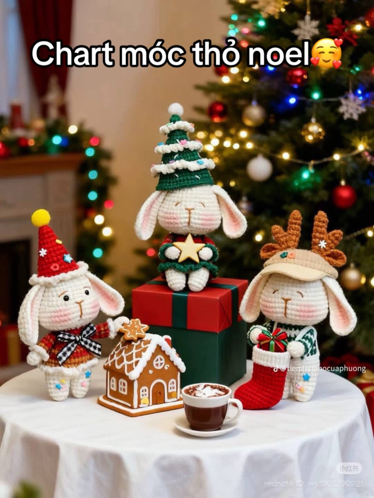 Chart móc len búp bê thỏ Noel, cây thông và tuần lộc dễ thương