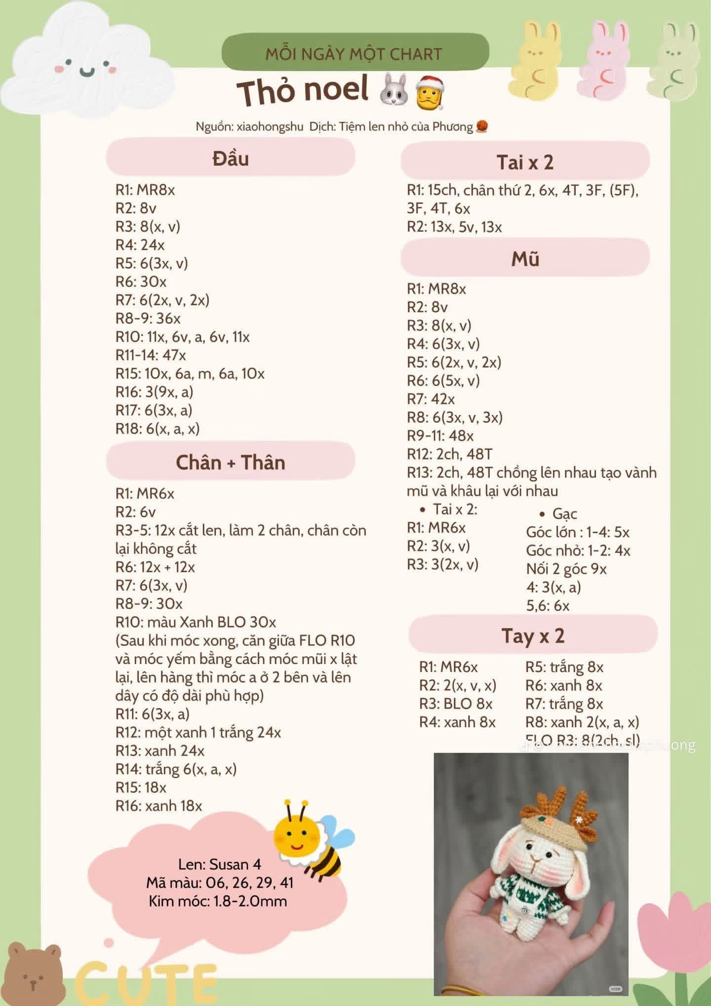 Chart móc len búp bê thỏ Noel, cây thông và tuần lộc dễ thương