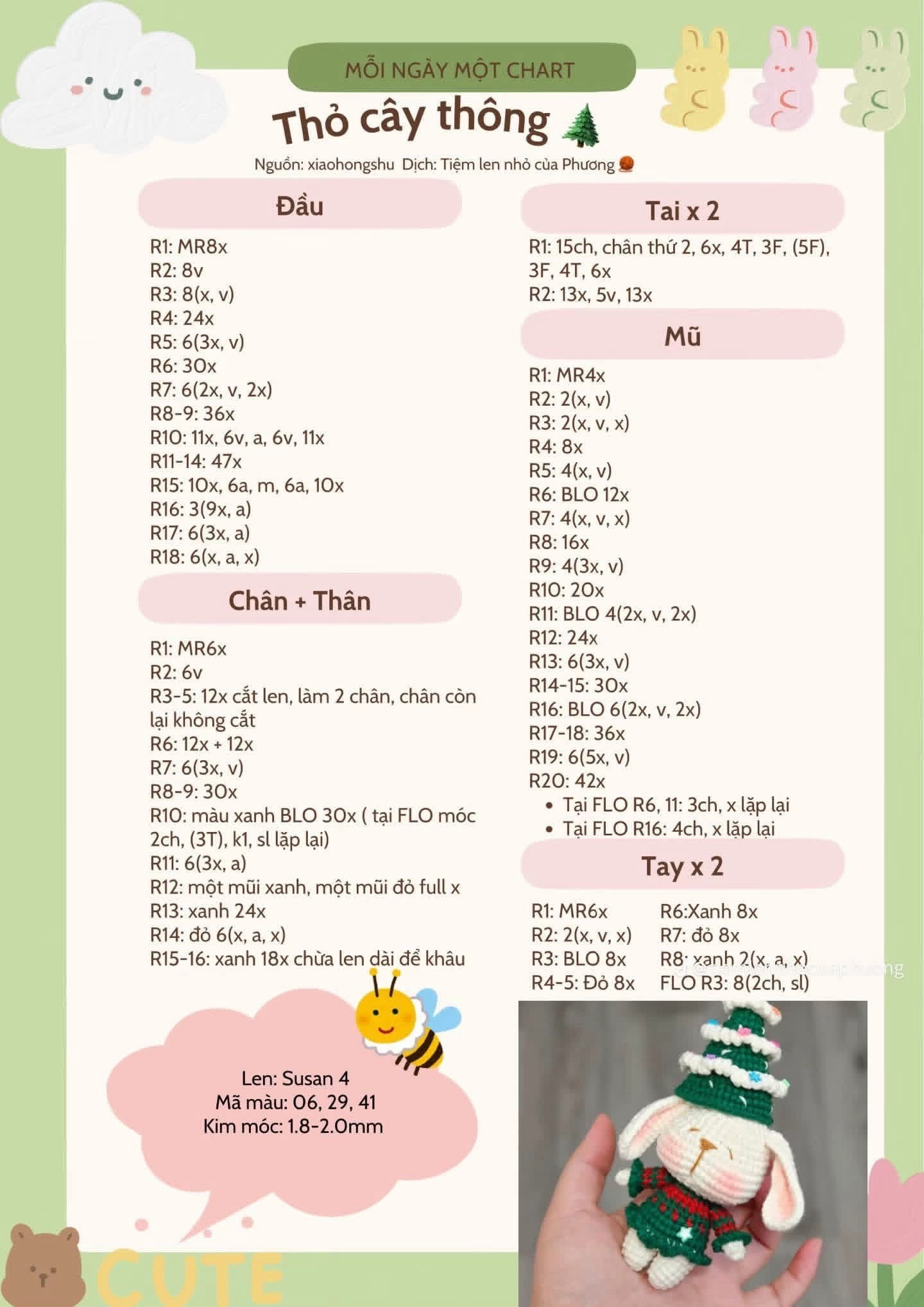 Chart móc len búp bê thỏ Noel, cây thông và tuần lộc dễ thương