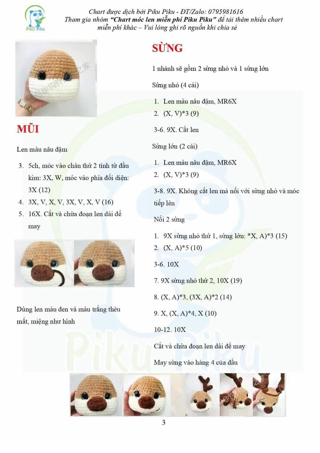 Chart móc len búp bê tuần lộc dễ thương mặc quần xanh và khăn quàng vàng