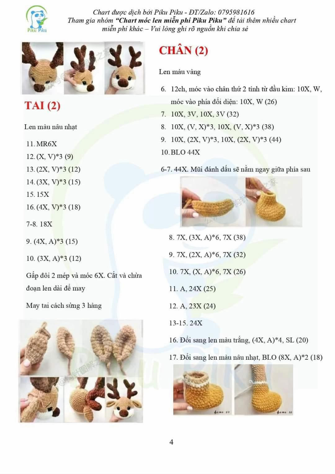 Chart móc len búp bê tuần lộc dễ thương mặc quần xanh và khăn quàng vàng