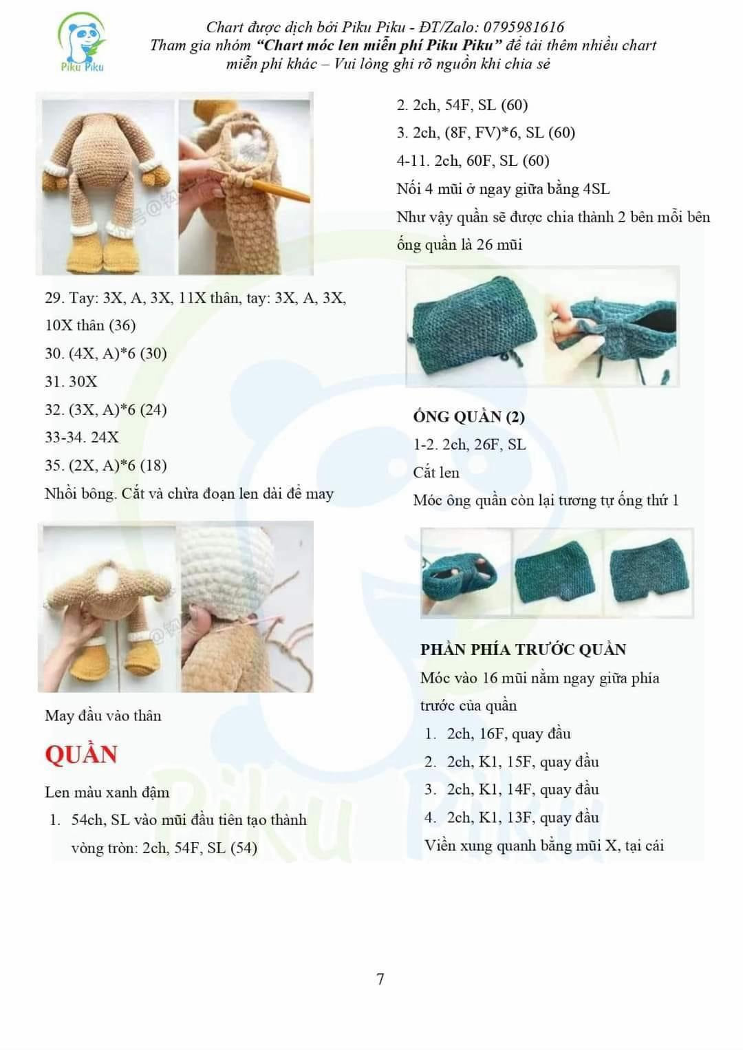 Chart móc len búp bê tuần lộc dễ thương mặc quần xanh và khăn quàng vàng