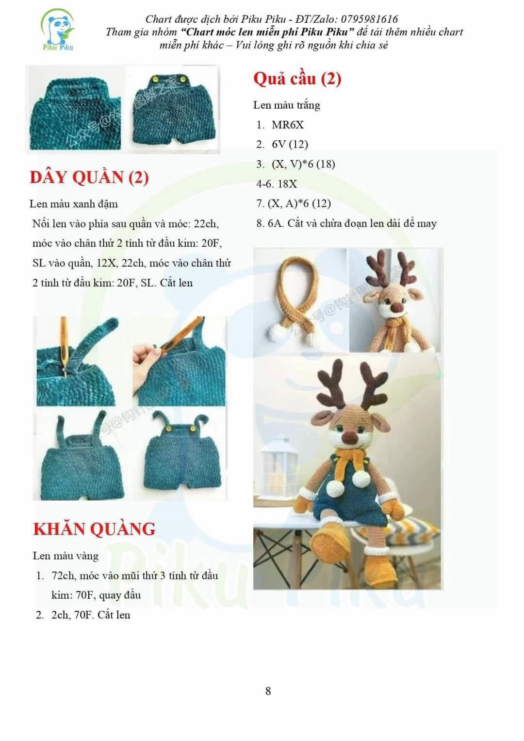 Chart móc len búp bê tuần lộc dễ thương mặc quần xanh và khăn quàng vàng