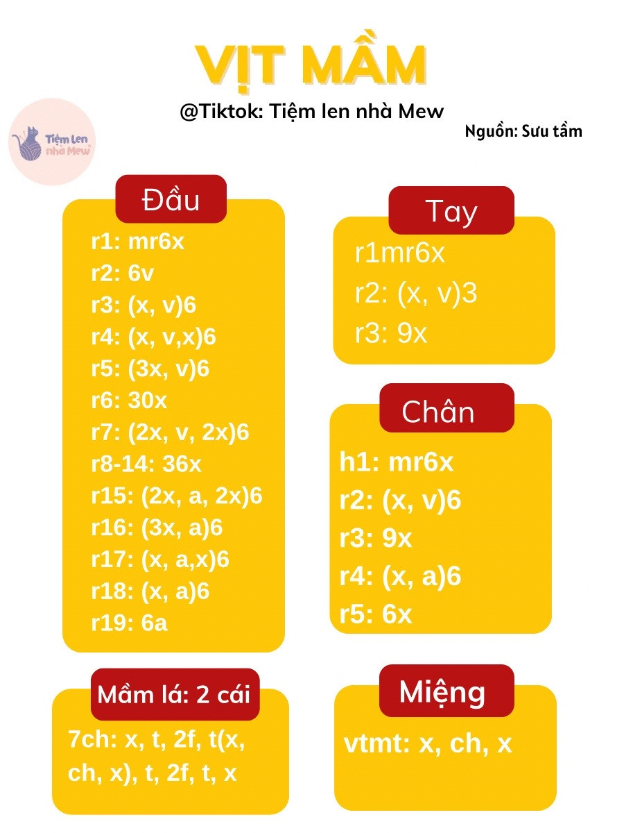 Chart móc len búp bê Vịt Mầm vàng dễ thương