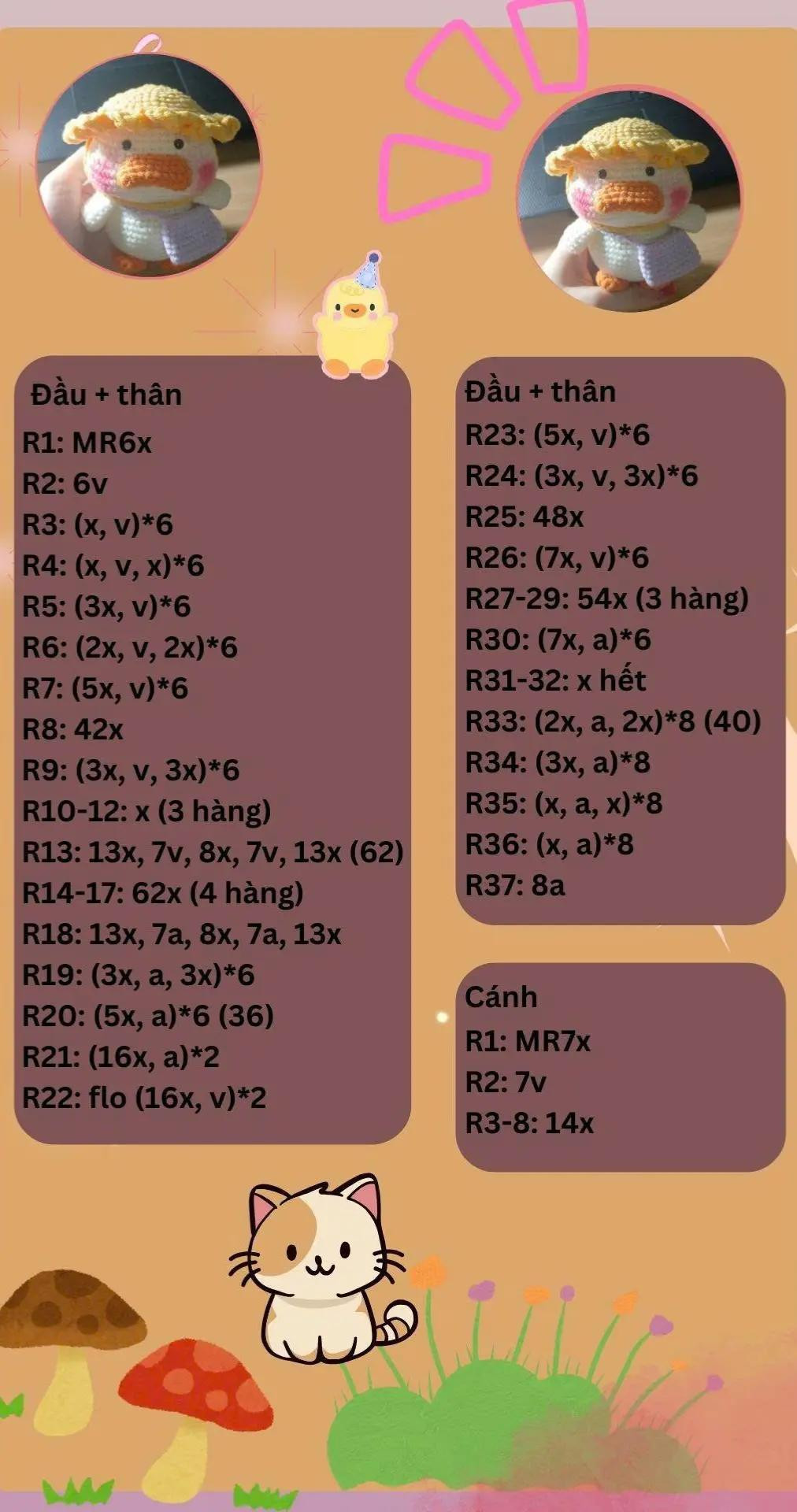 Chart móc len búp bê vịt vàng đội mũ, đeo túi tím dễ thương