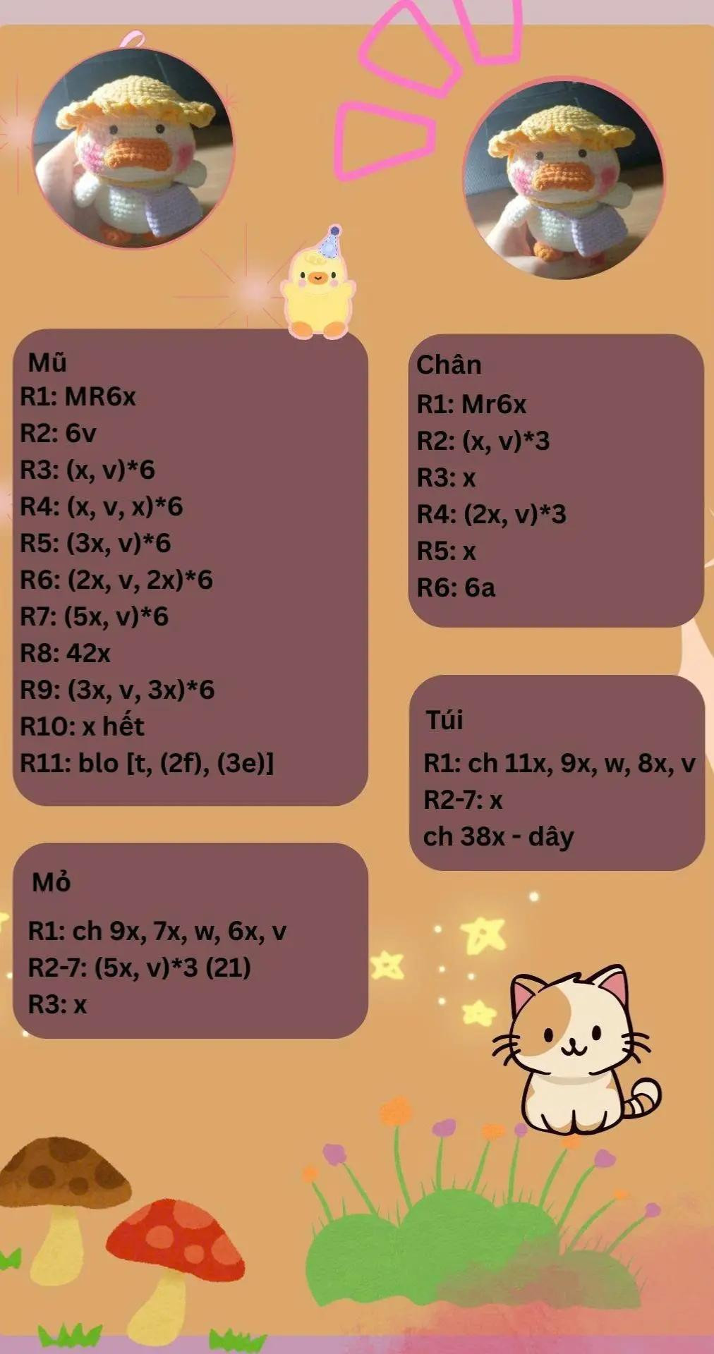 Chart móc len búp bê vịt vàng đội mũ, đeo túi tím dễ thương