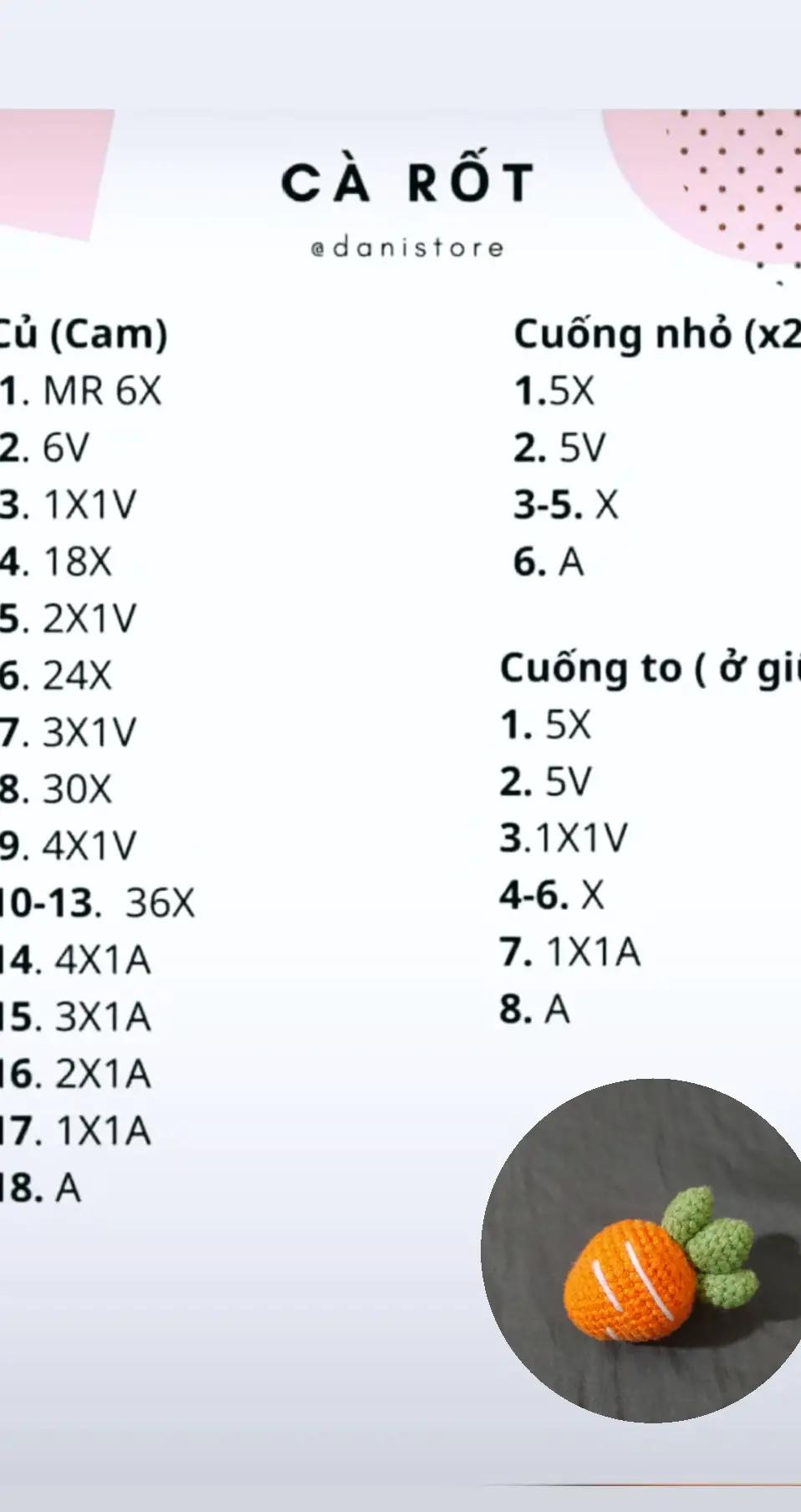 Chart móc len cà rốt dễ thương, màu cam xanh