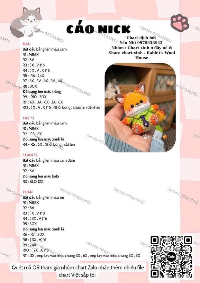 Chart móc len Cáo Nick màu cam mặc áo xanh lá