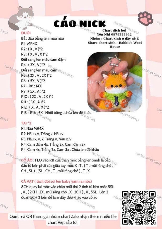 Chart móc len Cáo Nick màu cam mặc áo xanh lá