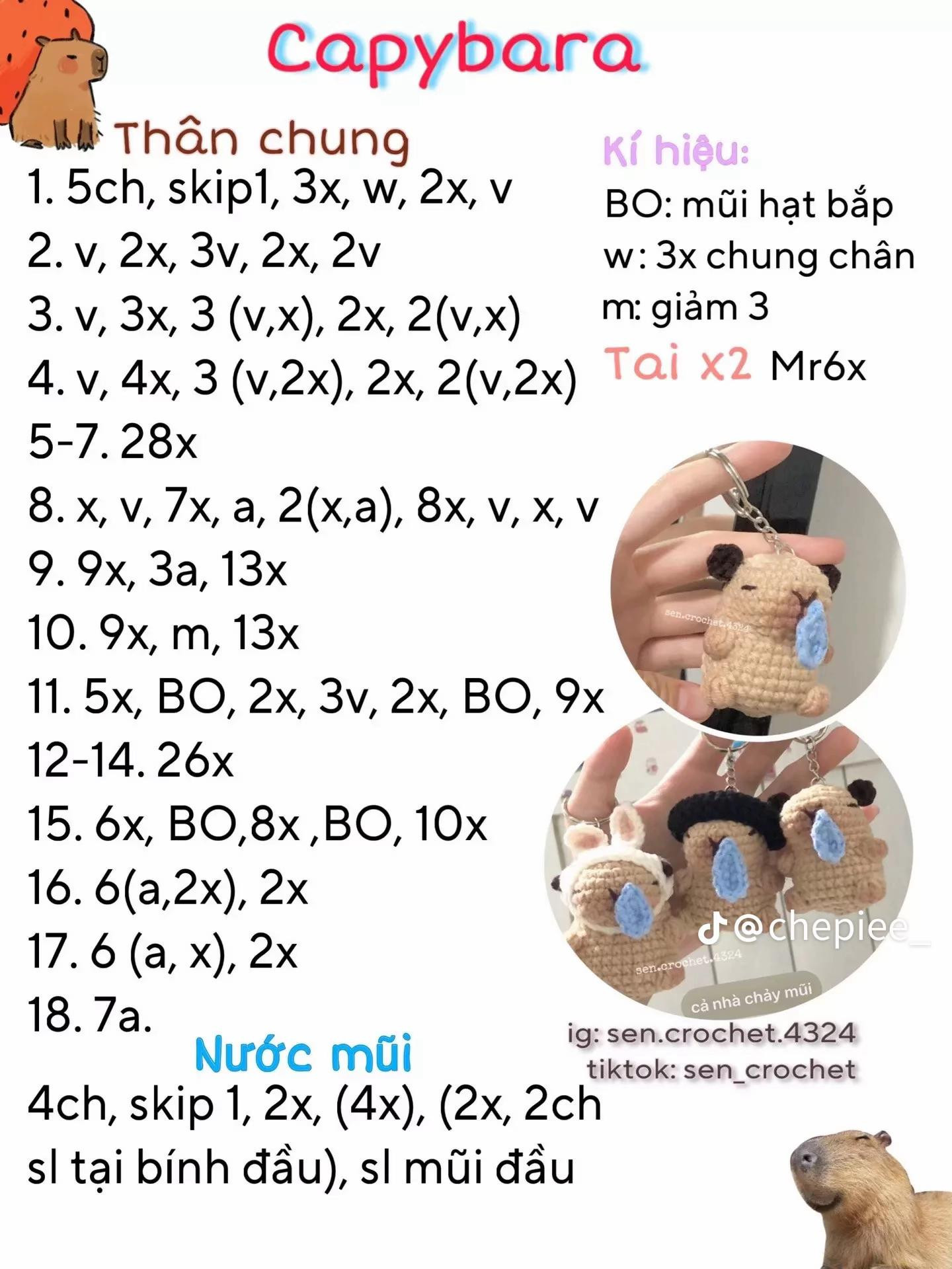 Chart móc len Capybara chảy mũi và Capykachu Pikachu dễ thương