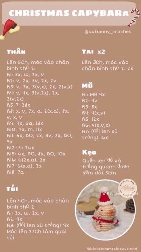 Chart móc len Capybara (chuột lang nước) phiên bản Giáng sinh và thường