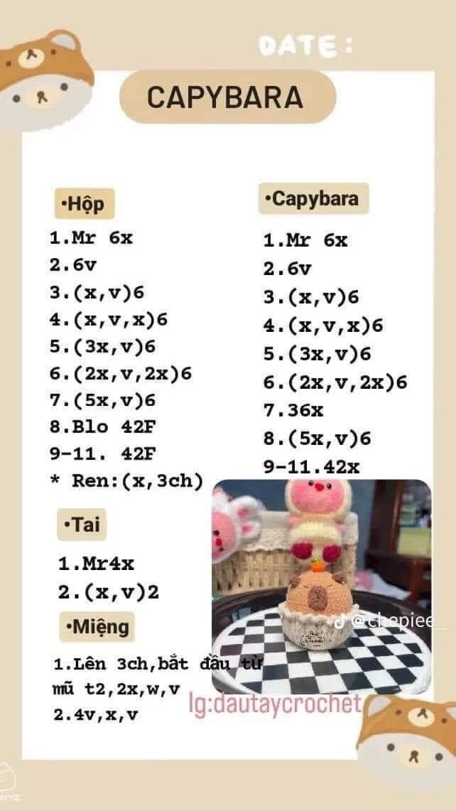 Chart Móc Len Capybara Dáng Cupcake và Trà Sữa Dễ Thương