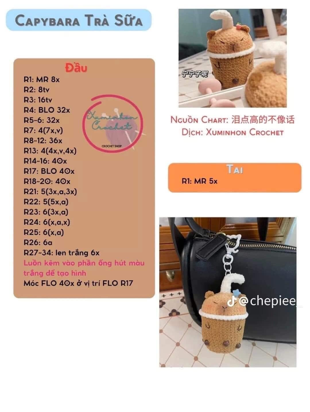 Chart Móc Len Capybara Dáng Cupcake và Trà Sữa Dễ Thương