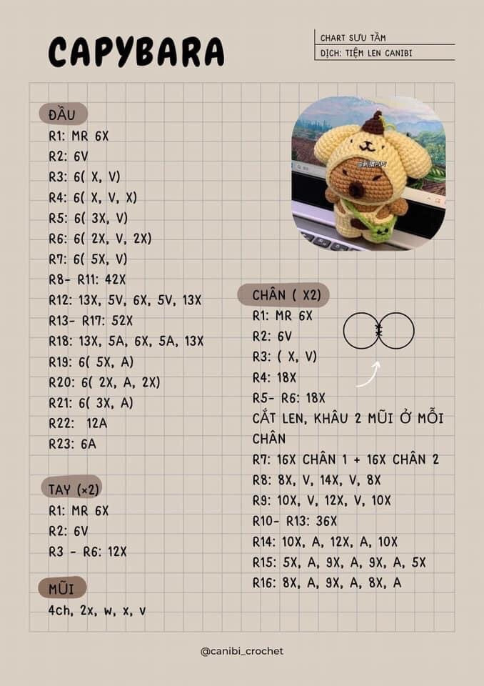 Chart Móc Len Capybara Dáng Cupcake và Trà Sữa Dễ Thương