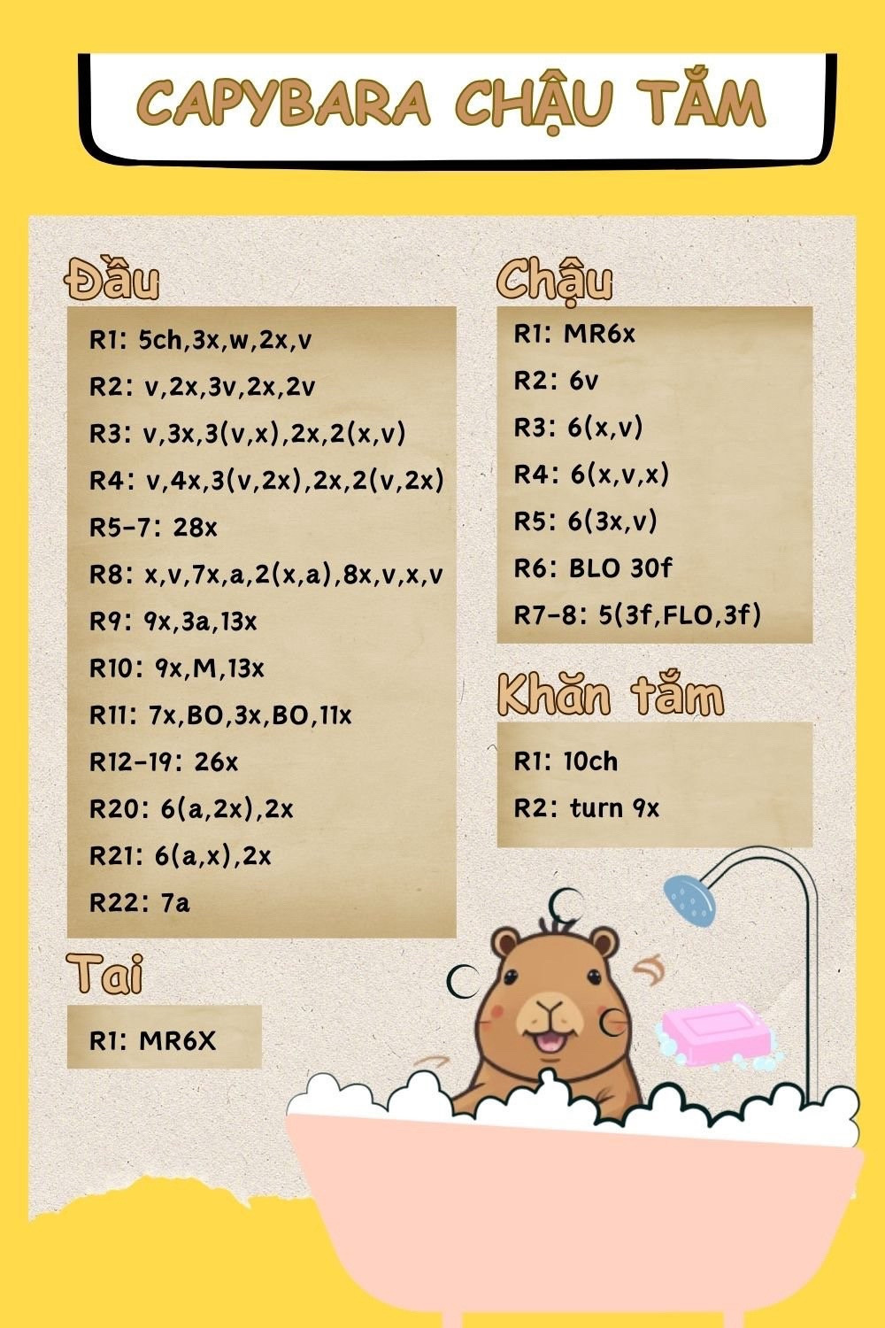 Chart móc len Capybara đang tắm trong chậu với khăn