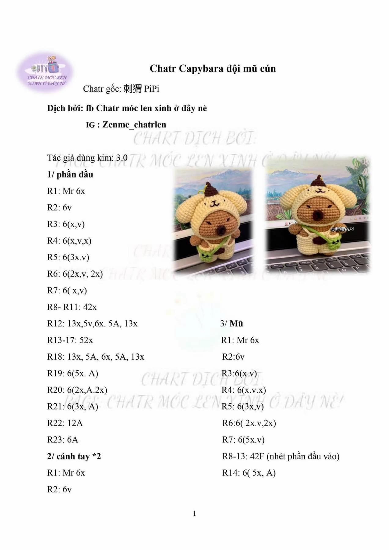 Chart móc len Capybara đội mũ cún dễ thương