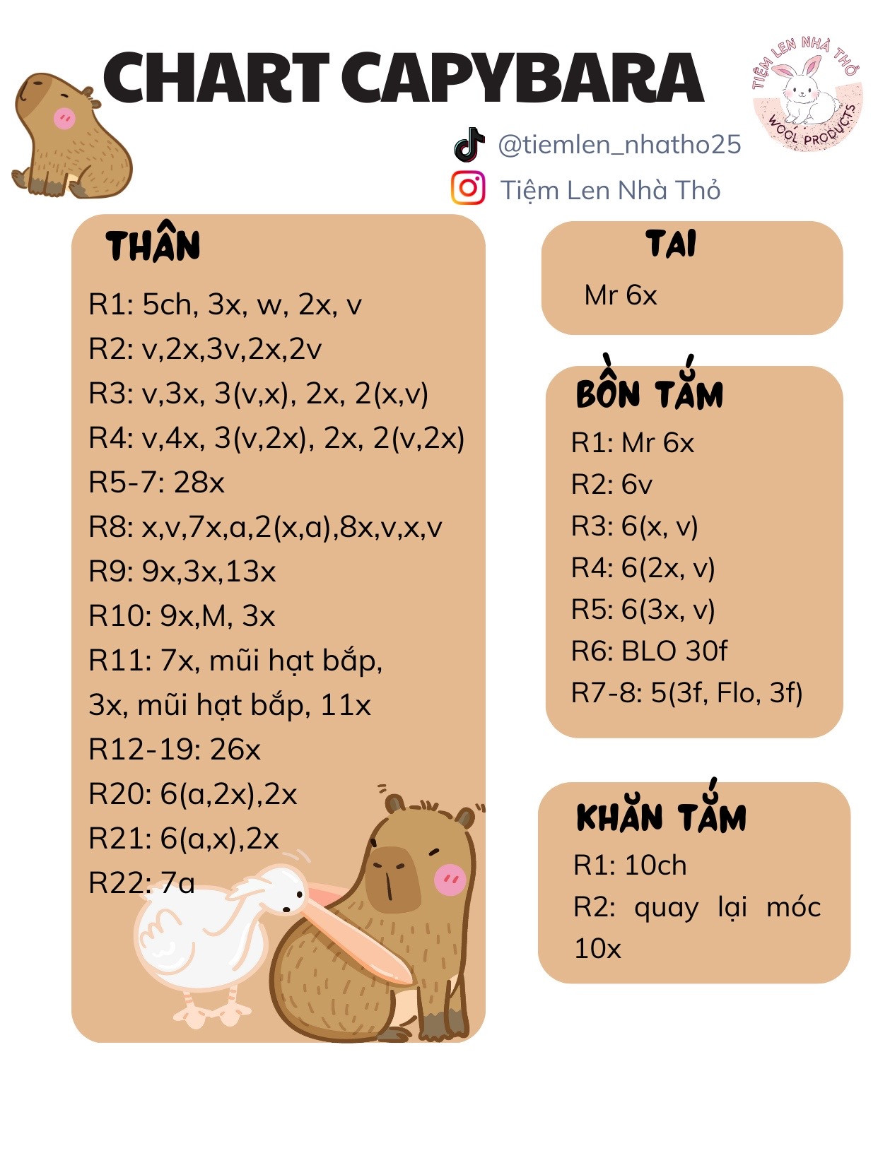 Chart móc len Capybara mặc áo choàng và khăn tắm