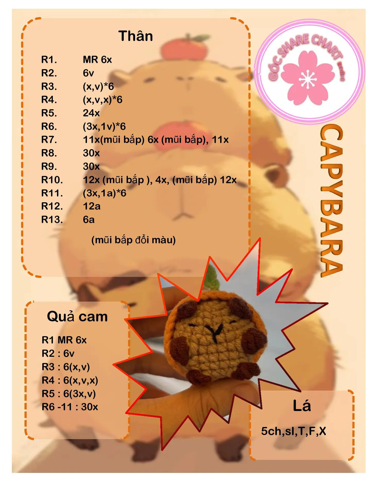 Chart móc len Capybara mặc trang phục quả cam dễ thương