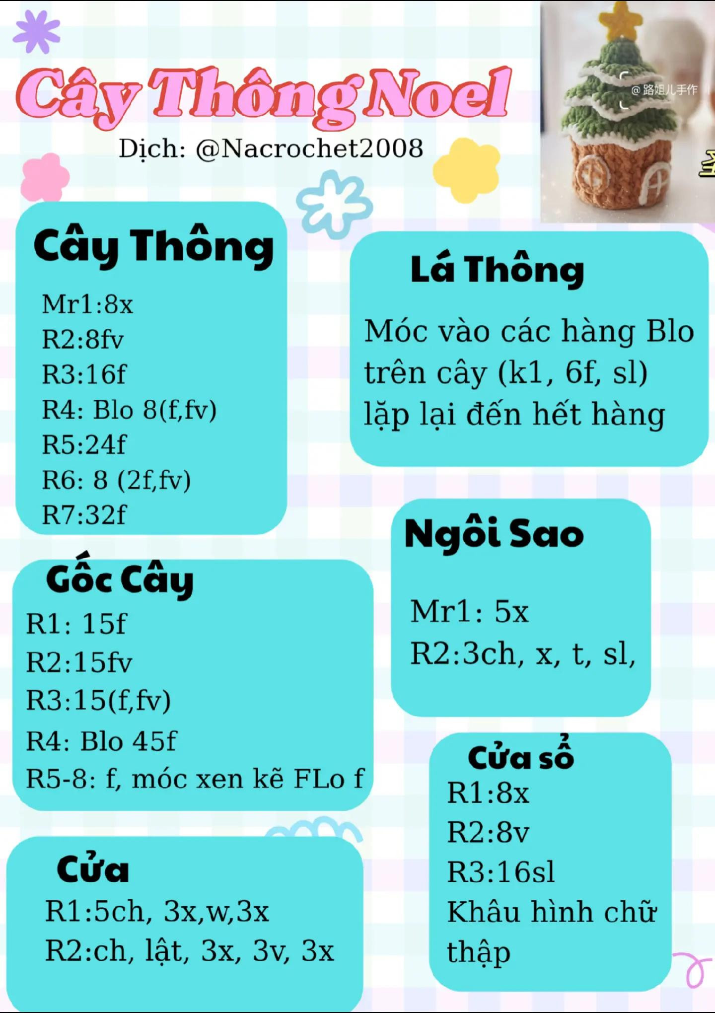 Chart móc len Cây Thông Noel với nhà gỗ và ngôi sao