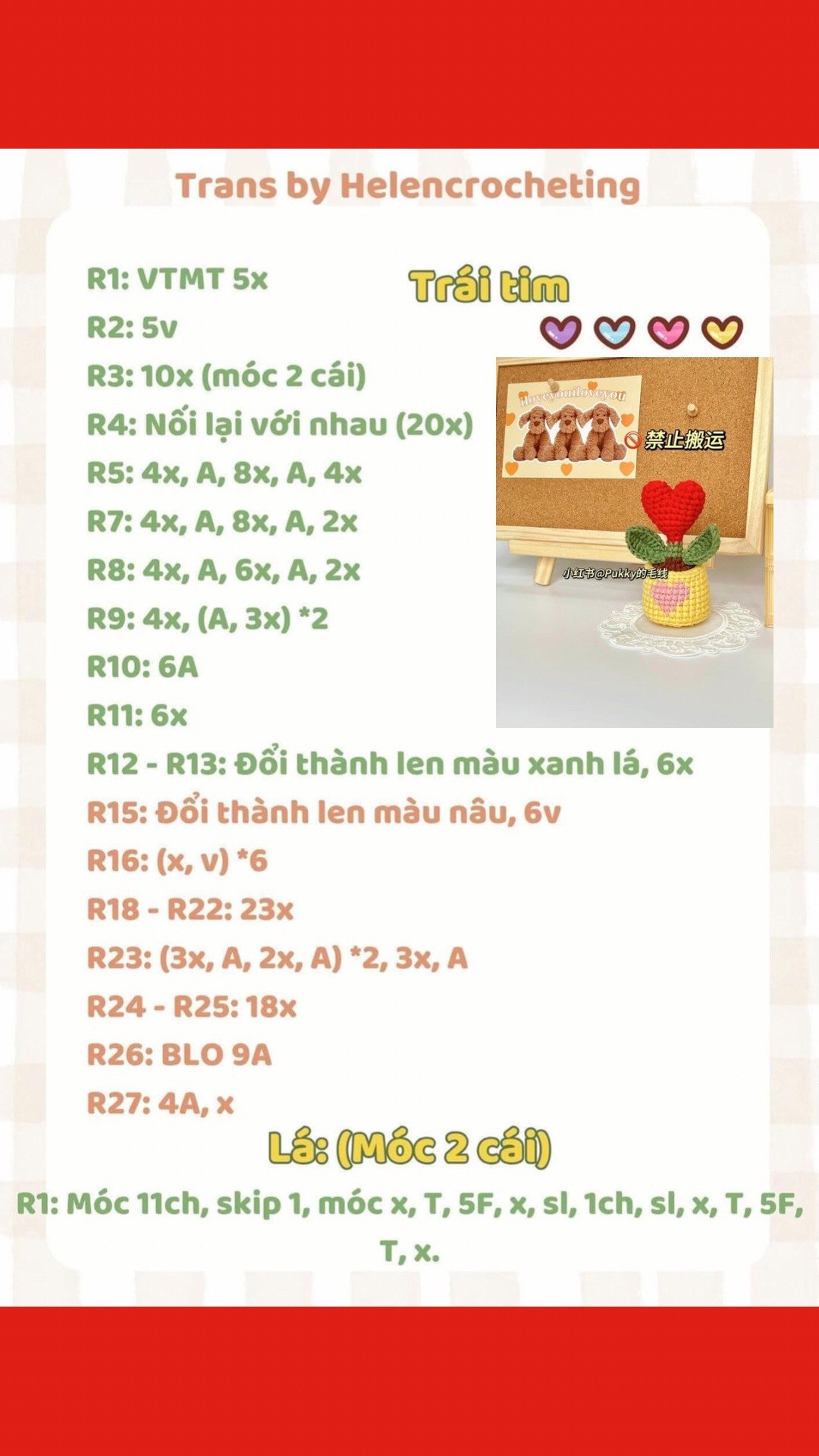 Chart móc len chậu cây trái tim màu đỏ và vàng