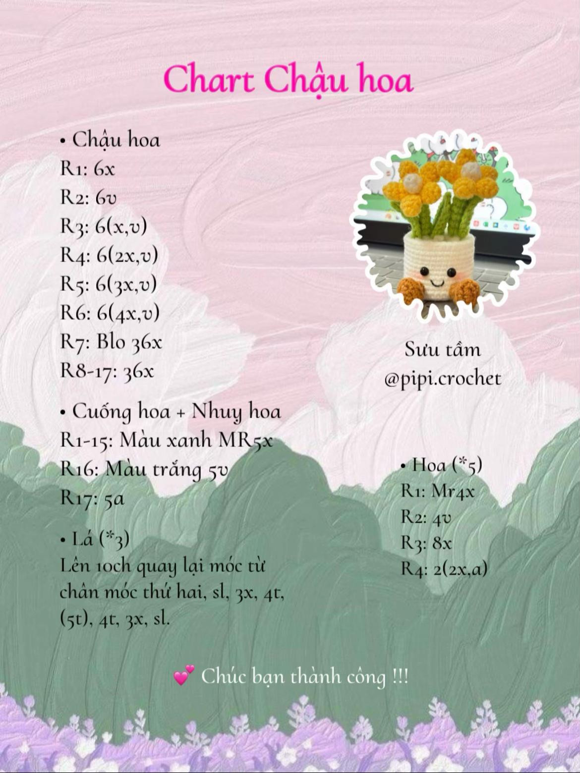 Chart móc len chậu hoa cúc vàng dễ thương với mặt cười và chân