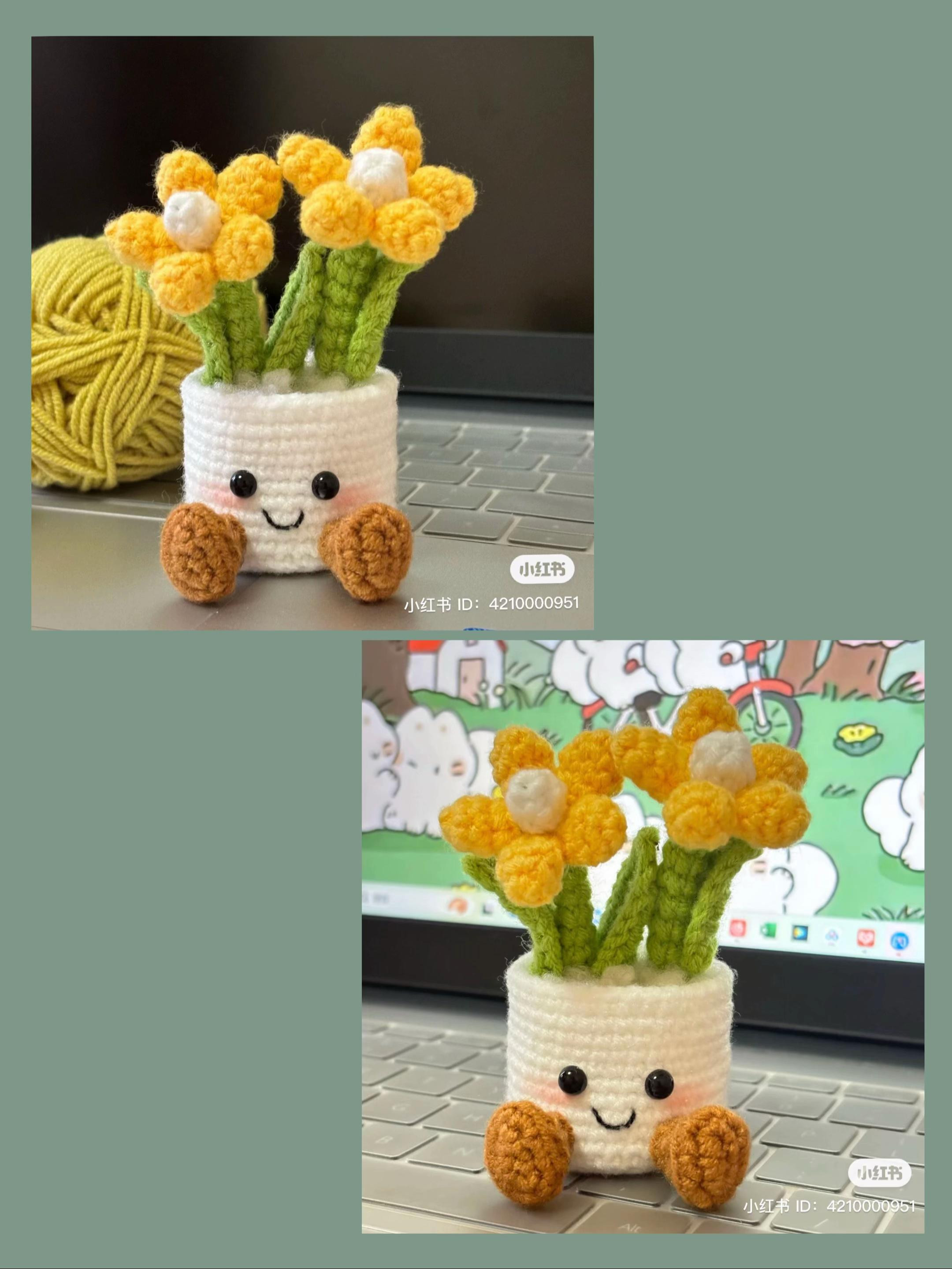 Chart móc len chậu hoa cúc vàng dễ thương với mặt cười và chân