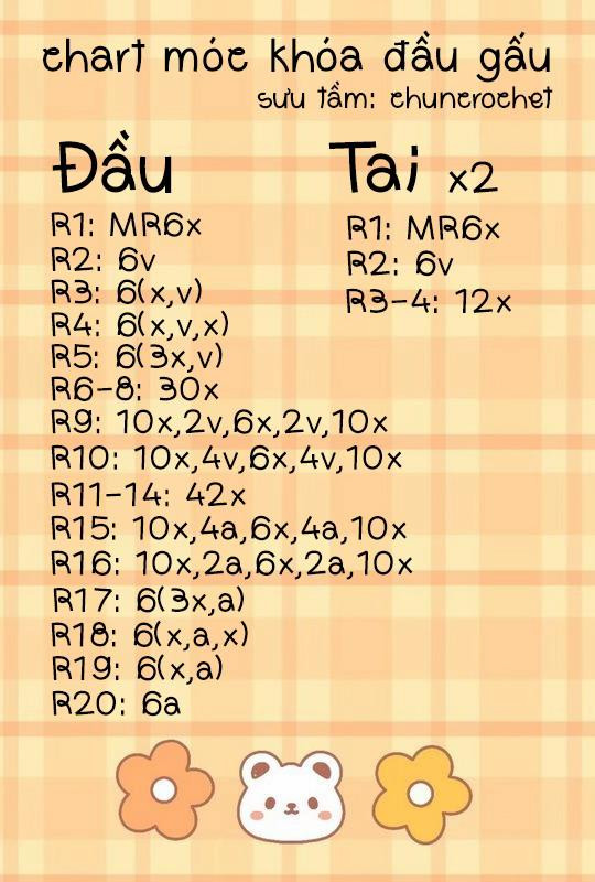 Chart móc len chìa khóa đầu gấu vàng dễ thương