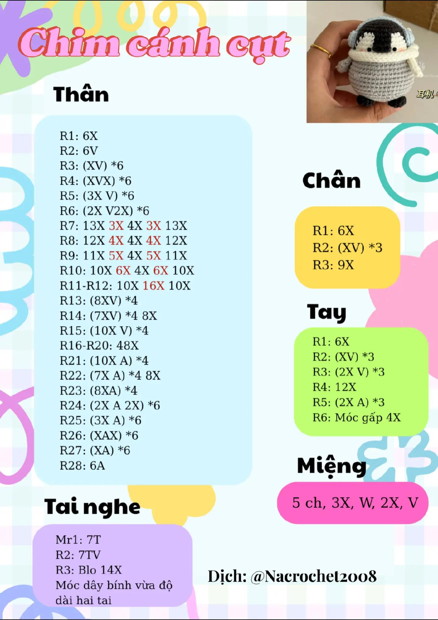 Chart móc len chim cánh cụt dễ thương phiên bản mũ tai bèo