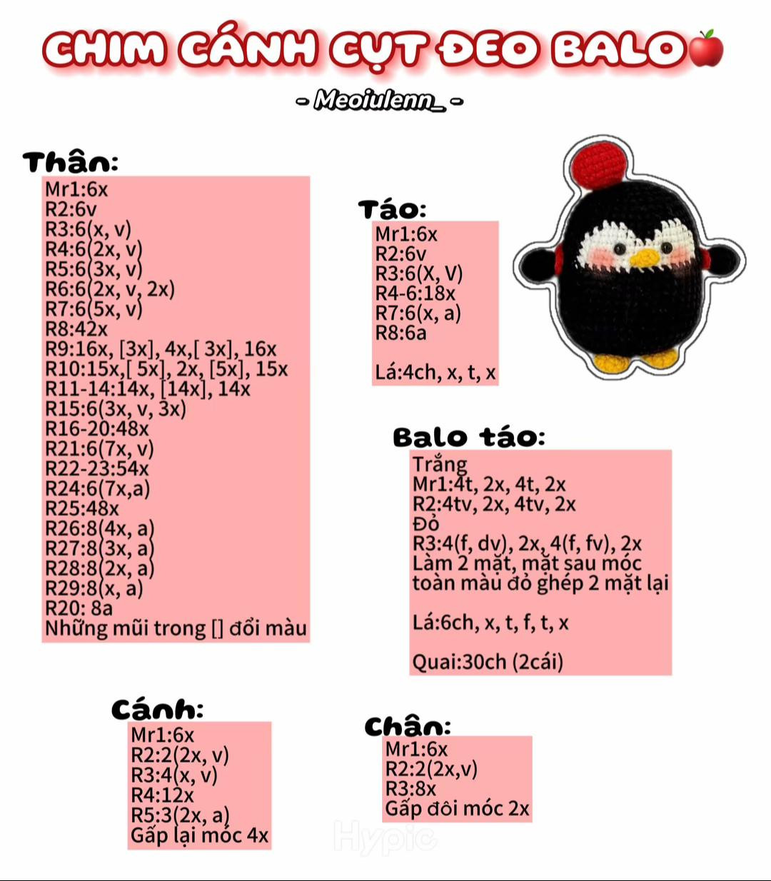 Chart móc len Chim cánh cụt đeo balo táo dễ thương