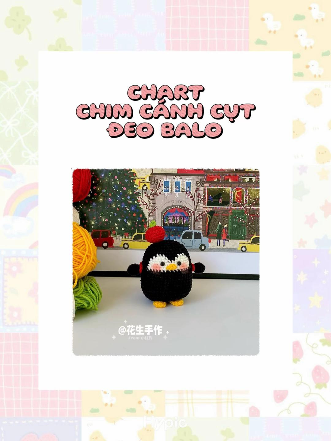 Chart móc len Chim cánh cụt đeo balo táo dễ thương