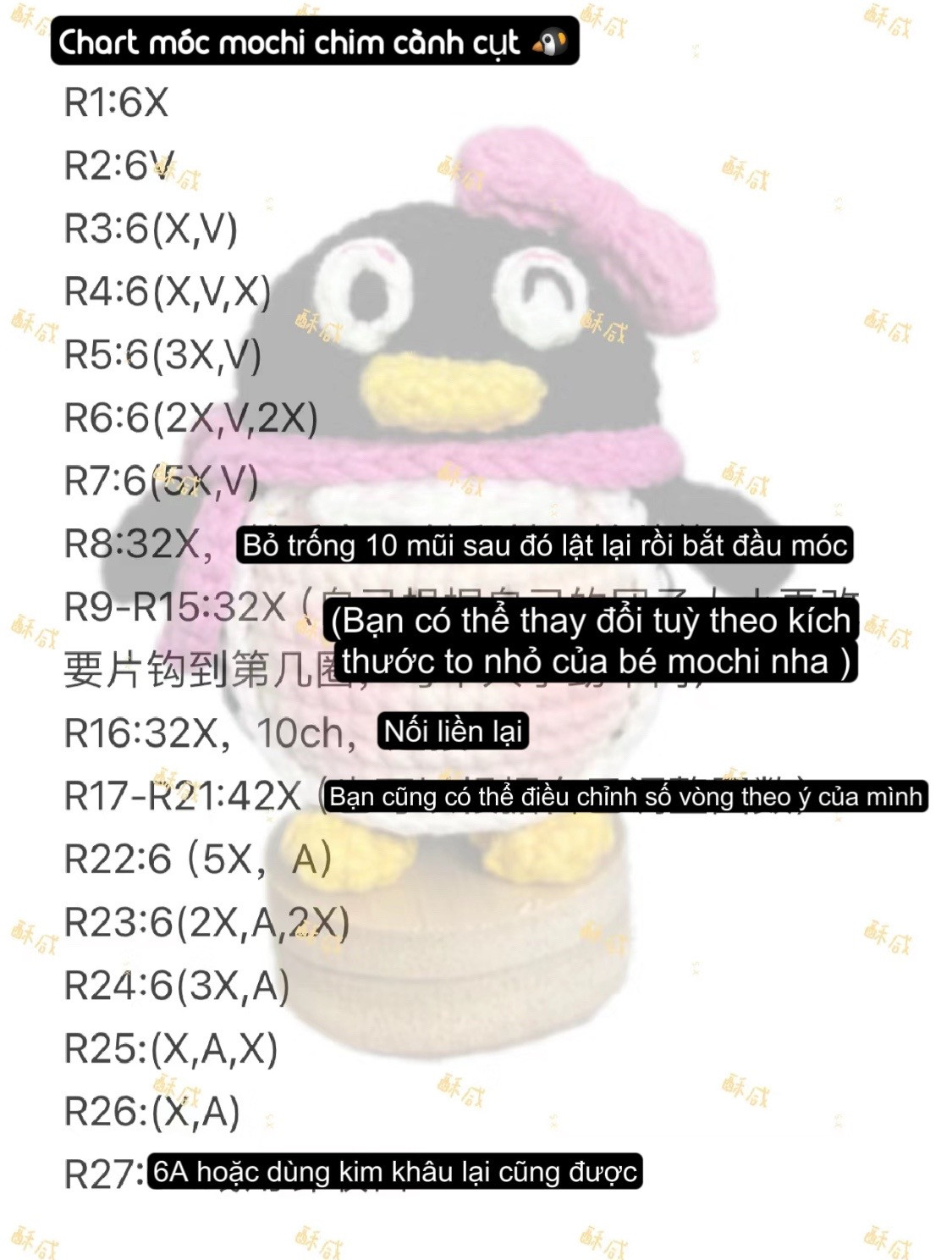 Chart móc len chim cánh cụt mochi dễ thương