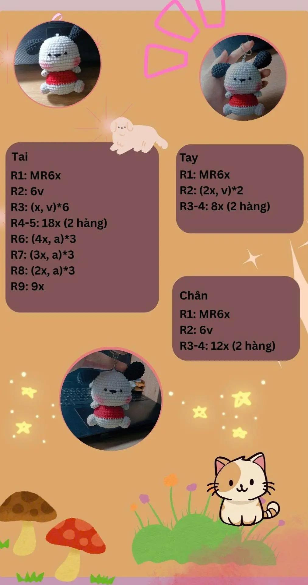 Chart móc len chó con mặc áo đỏ dễ thương