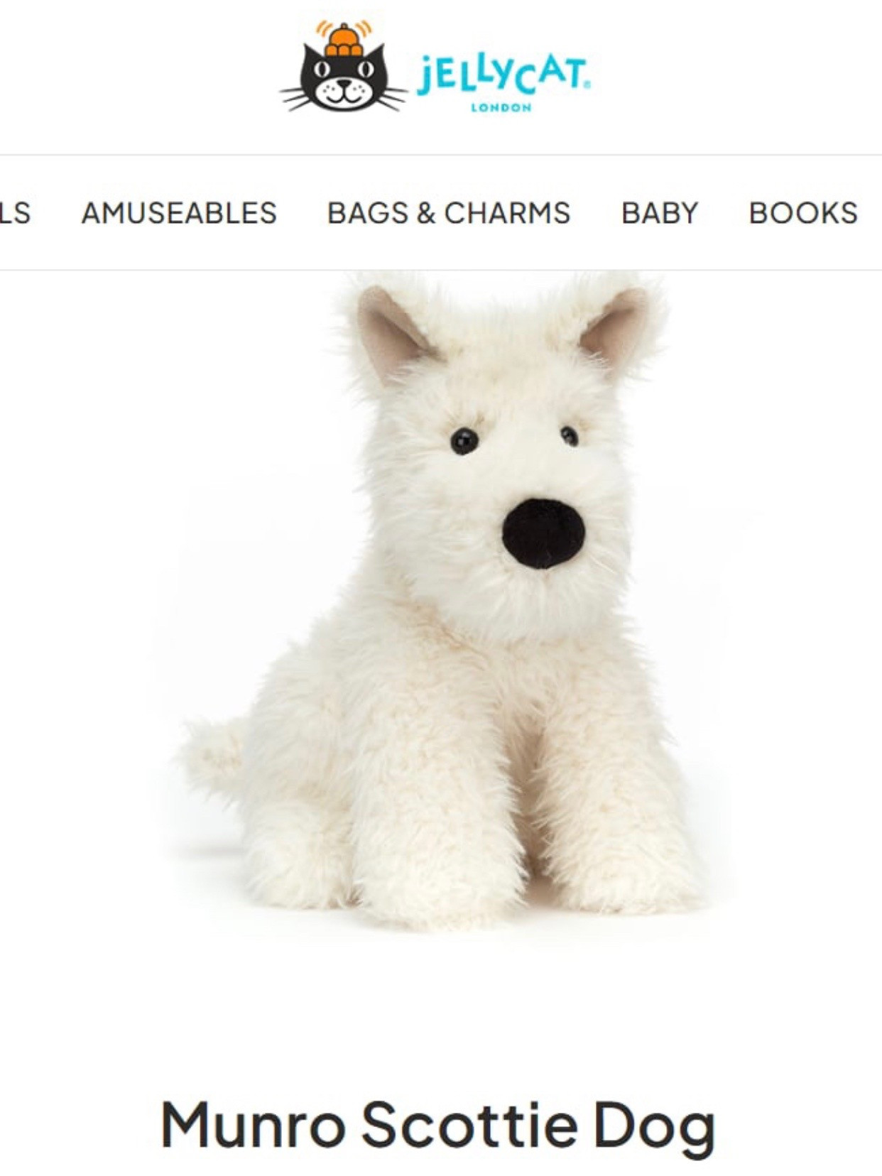 Chart móc len chó Jellycat Munro Scottie Dog màu trắng
