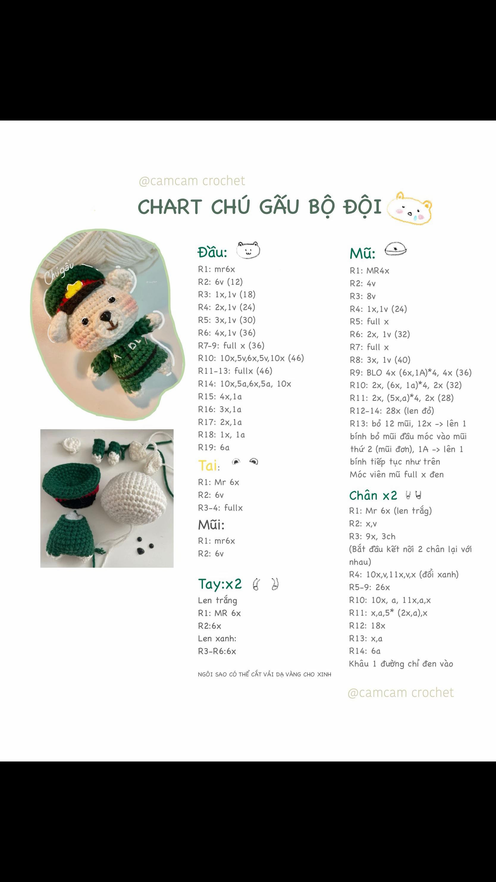 Chart móc len chú gấu bộ đội dễ thương màu xanh