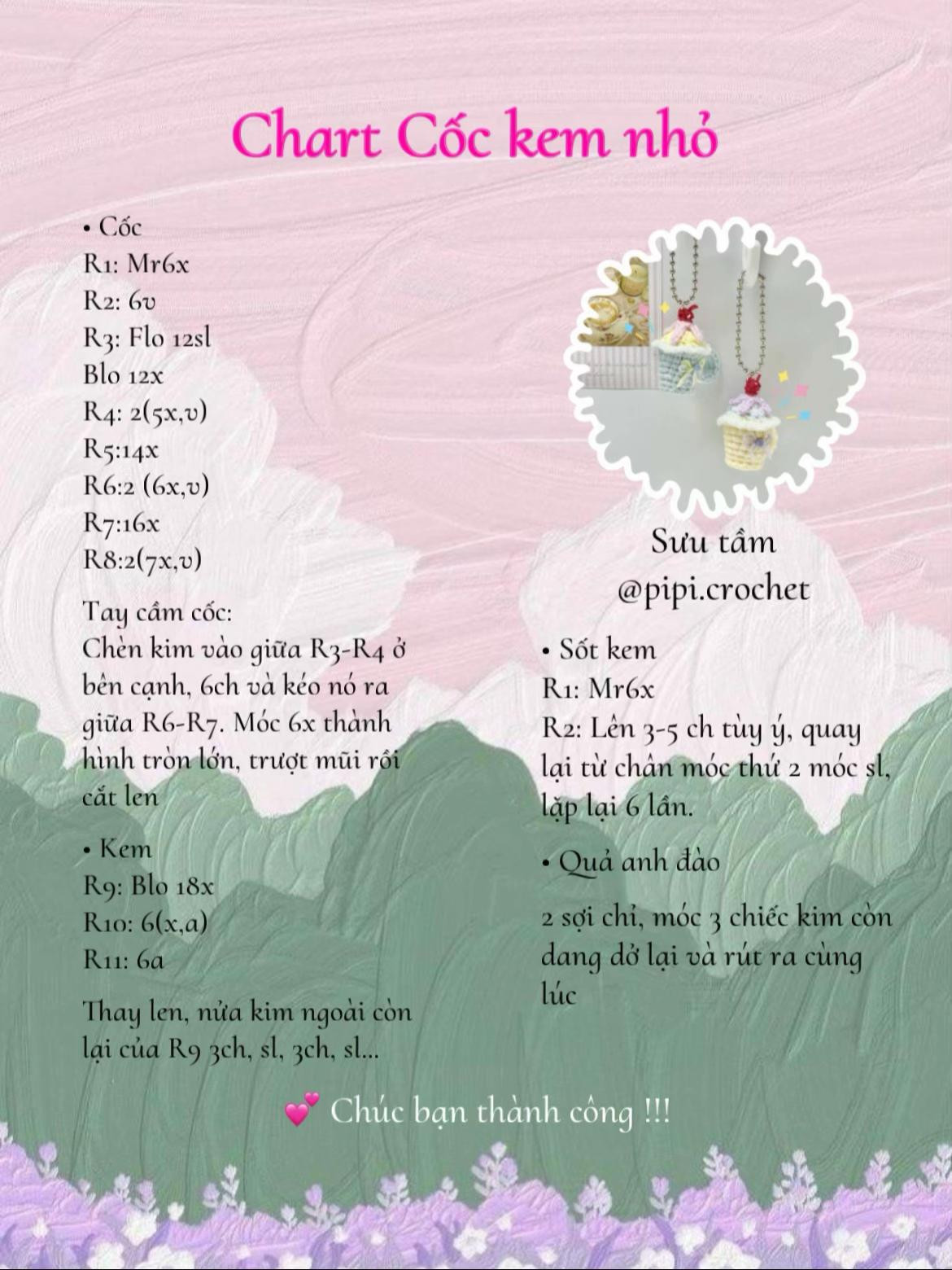 Chart móc len Cốc kem nhỏ với quả anh đào, hướng dẫn chi tiết từng hàng cho cốc và kem