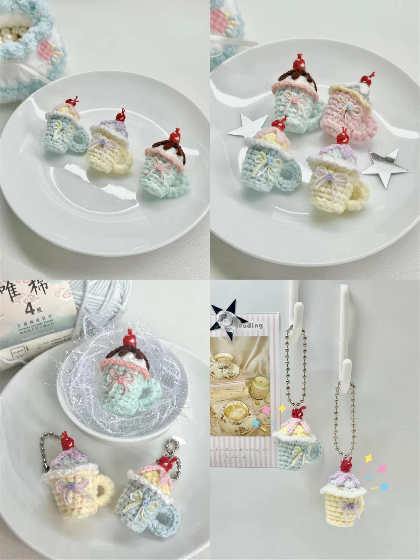 Chart móc len Cốc kem nhỏ với quả anh đào, hướng dẫn chi tiết từng hàng cho cốc và kem