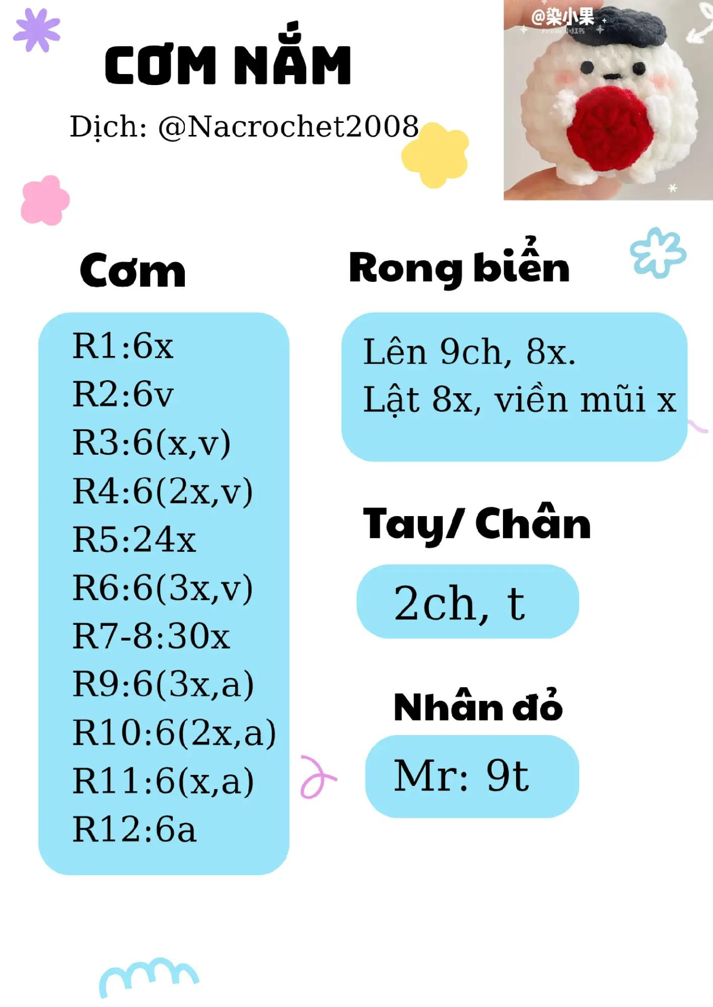 Chart móc len Cơm nắm dễ thương - Hướng dẫn từng hàng chi tiết