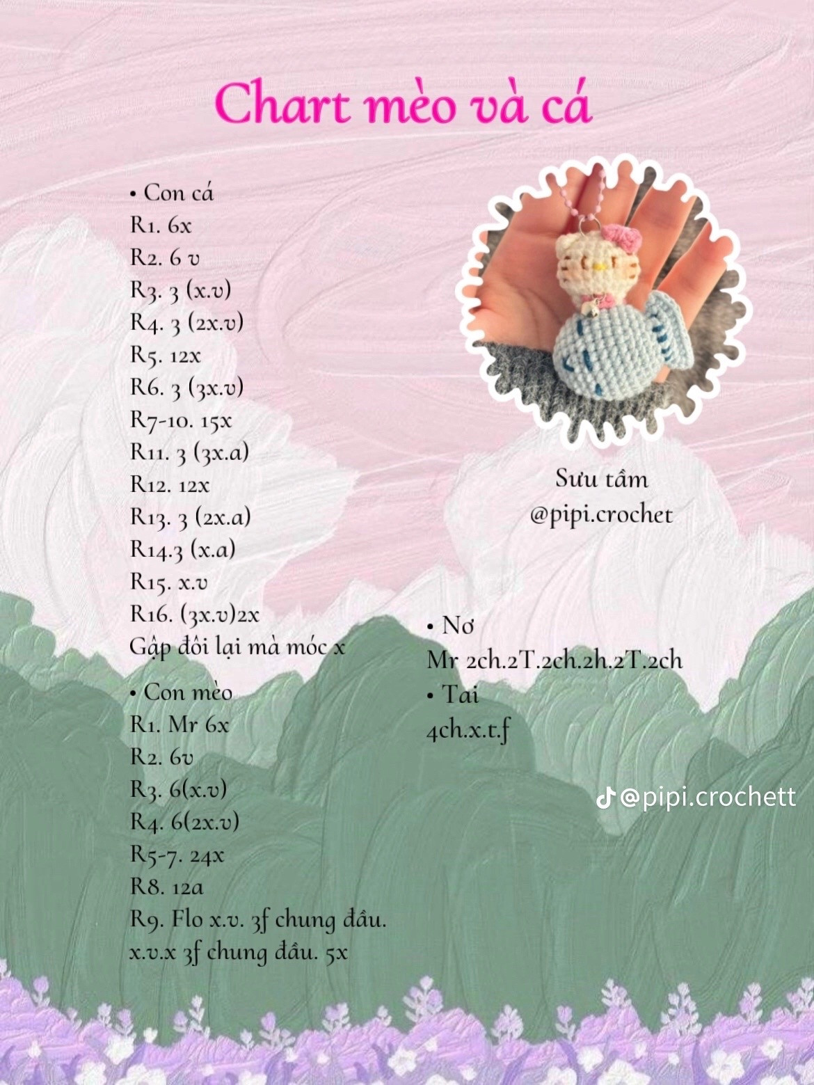 Chart móc len con mèo và cá màu xanh pastel dễ thương