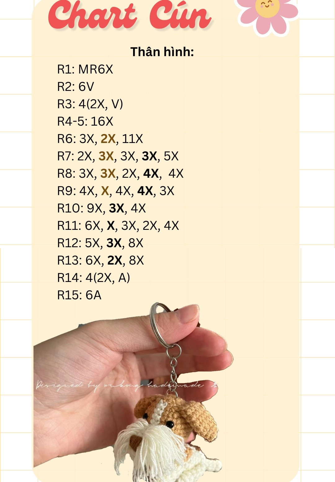 Chart móc len Cún chìa khóa dễ thương màu nâu trắng
