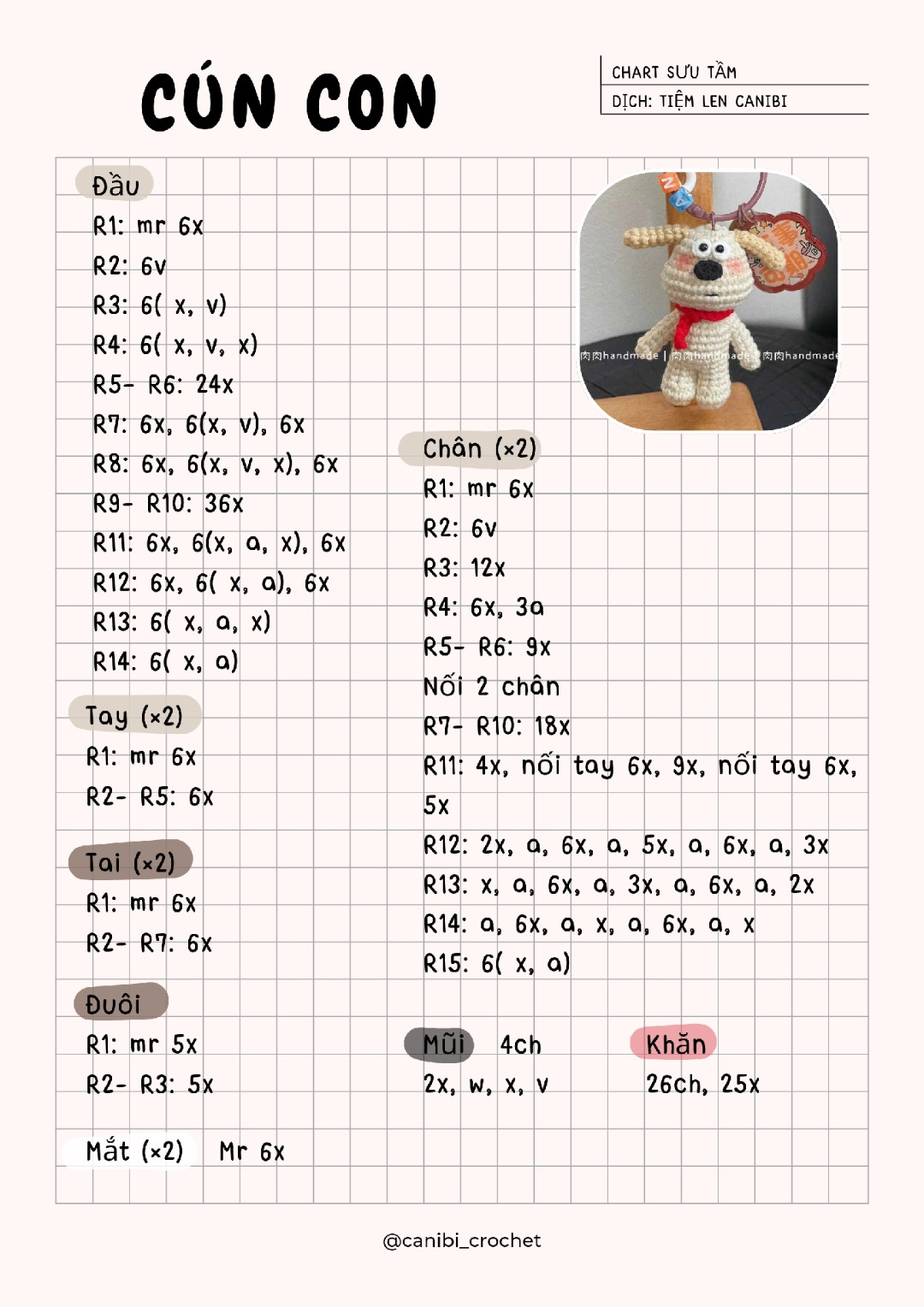 Chart móc len Cún con Gấu chó trắng đội khăn đỏ