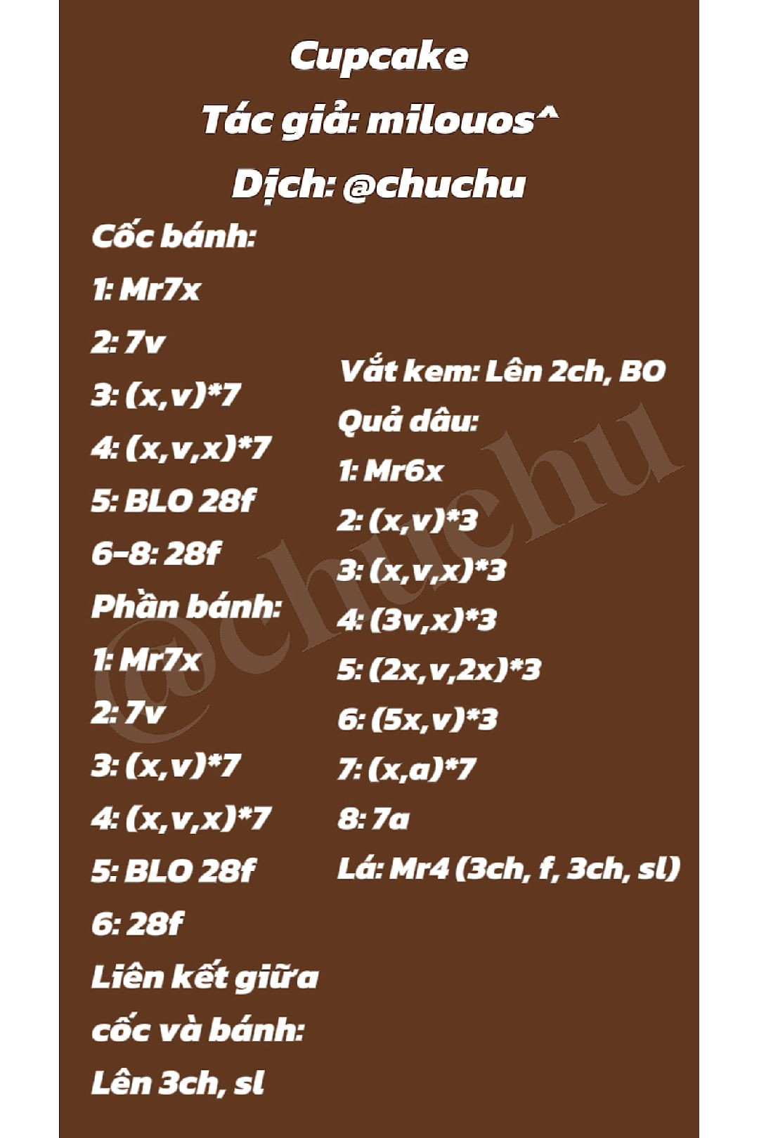 Chart móc len Cupcake dễ thương, mẫu bánh kem trang trí trái cây