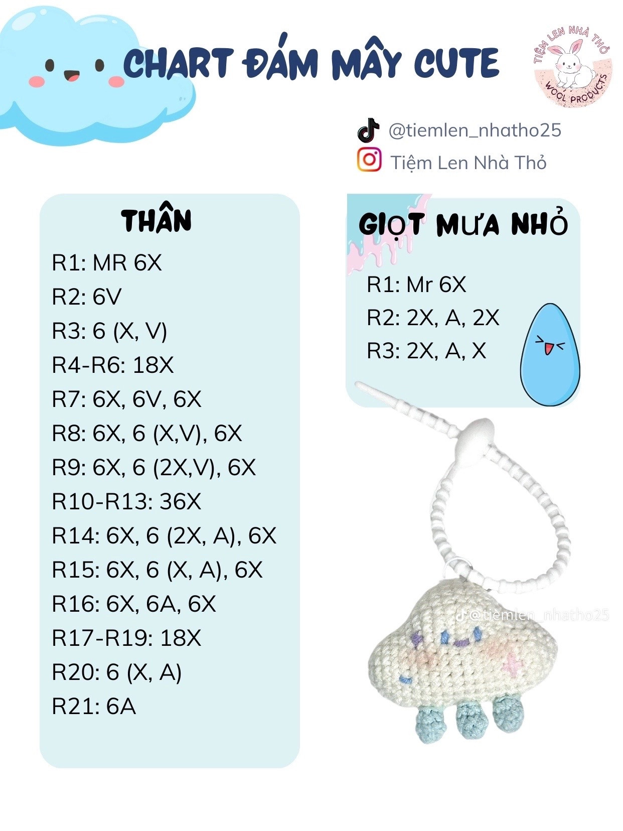 Chart móc len đám mây cute dễ thương kèm giọt mưa nhỏ