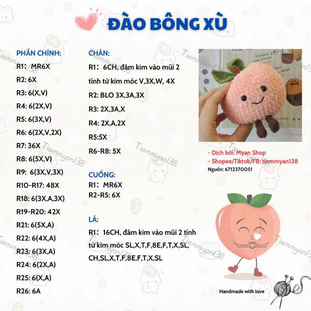 Chart Móc Len Đào Bông Xù - Hướng Dẫn Chi Tiết Làm Quả Đào Len Xù Dễ Thương