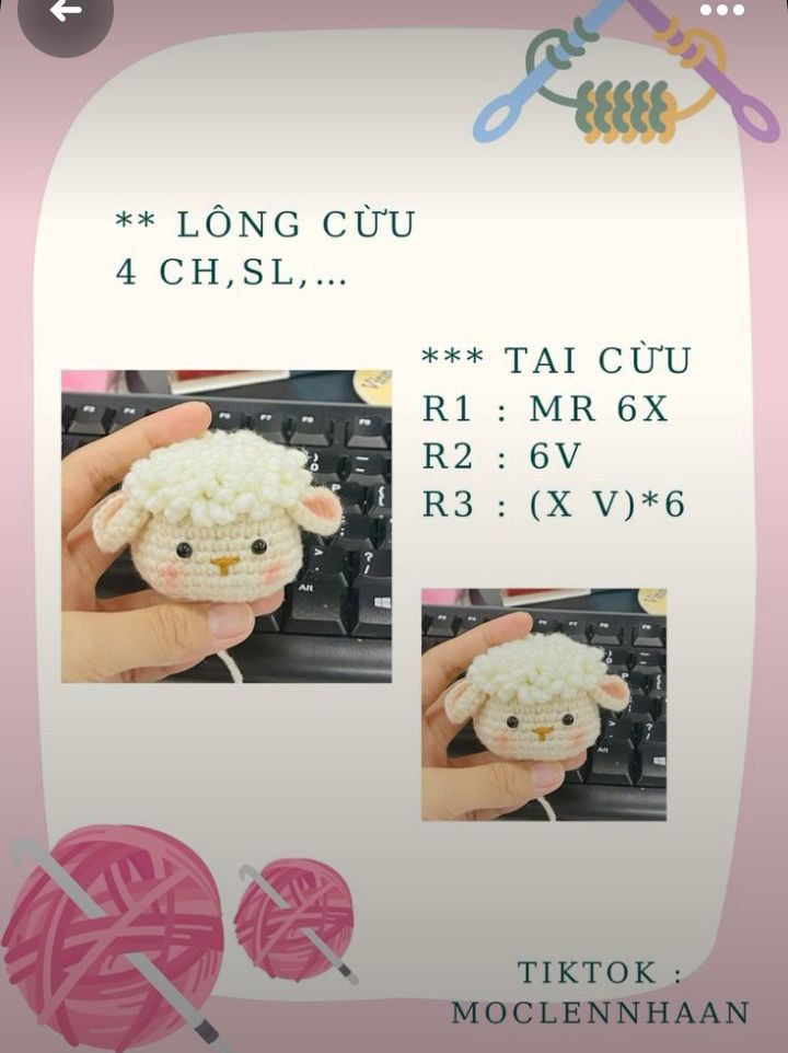 Chart móc len đầu cừu amigurumi dễ thương