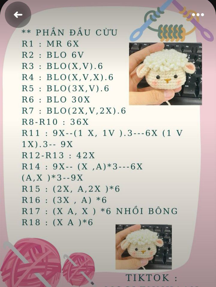 Chart móc len đầu cừu amigurumi dễ thương