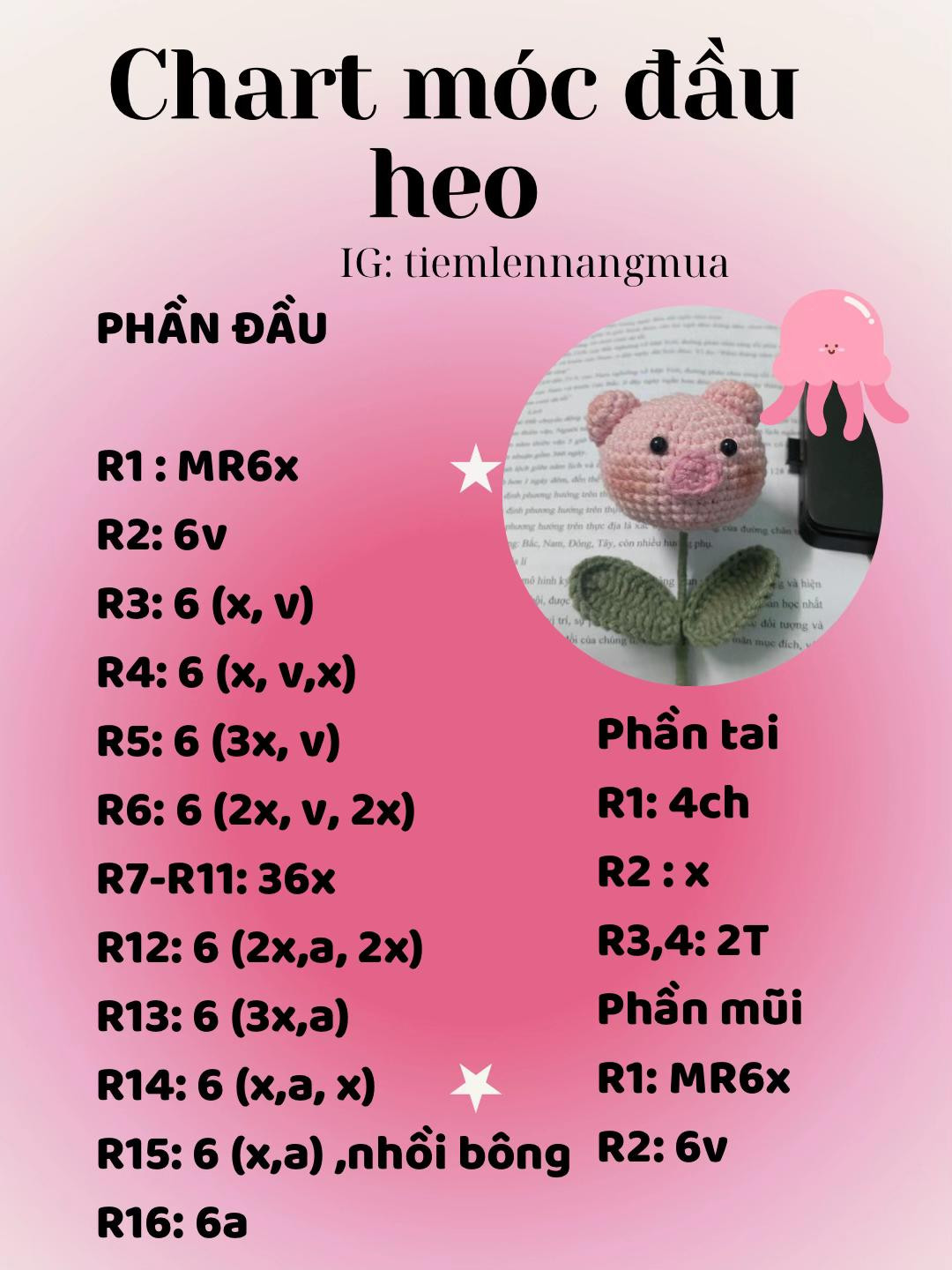 Chart móc len đầu heo màu hồng dễ thương